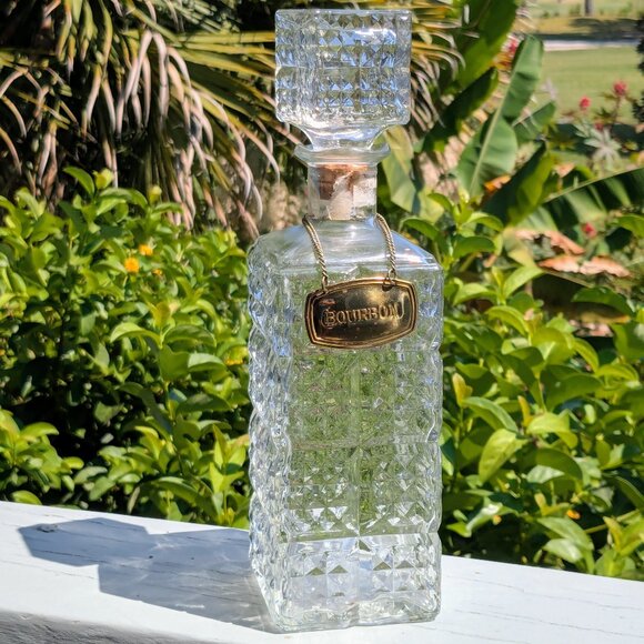 Vintage Glass Bourbon Cut Glass Decanter with Stopper & "Bourbon" Tag - Picture 1 of 8